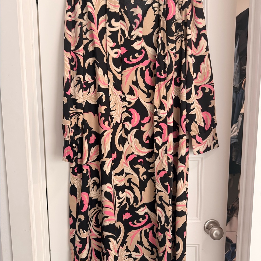 Ann Taylor Black Midi Dress with Pink & Cream Scroll Print